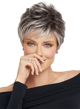 外贸亚马逊新款 时尚渐变银灰色 女士短发假发 斜刘海高温丝 假发