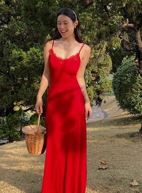 ooh itch痒痒 红色蕾丝吊带连衣裙法式收腰度假风长裙（自带胸垫