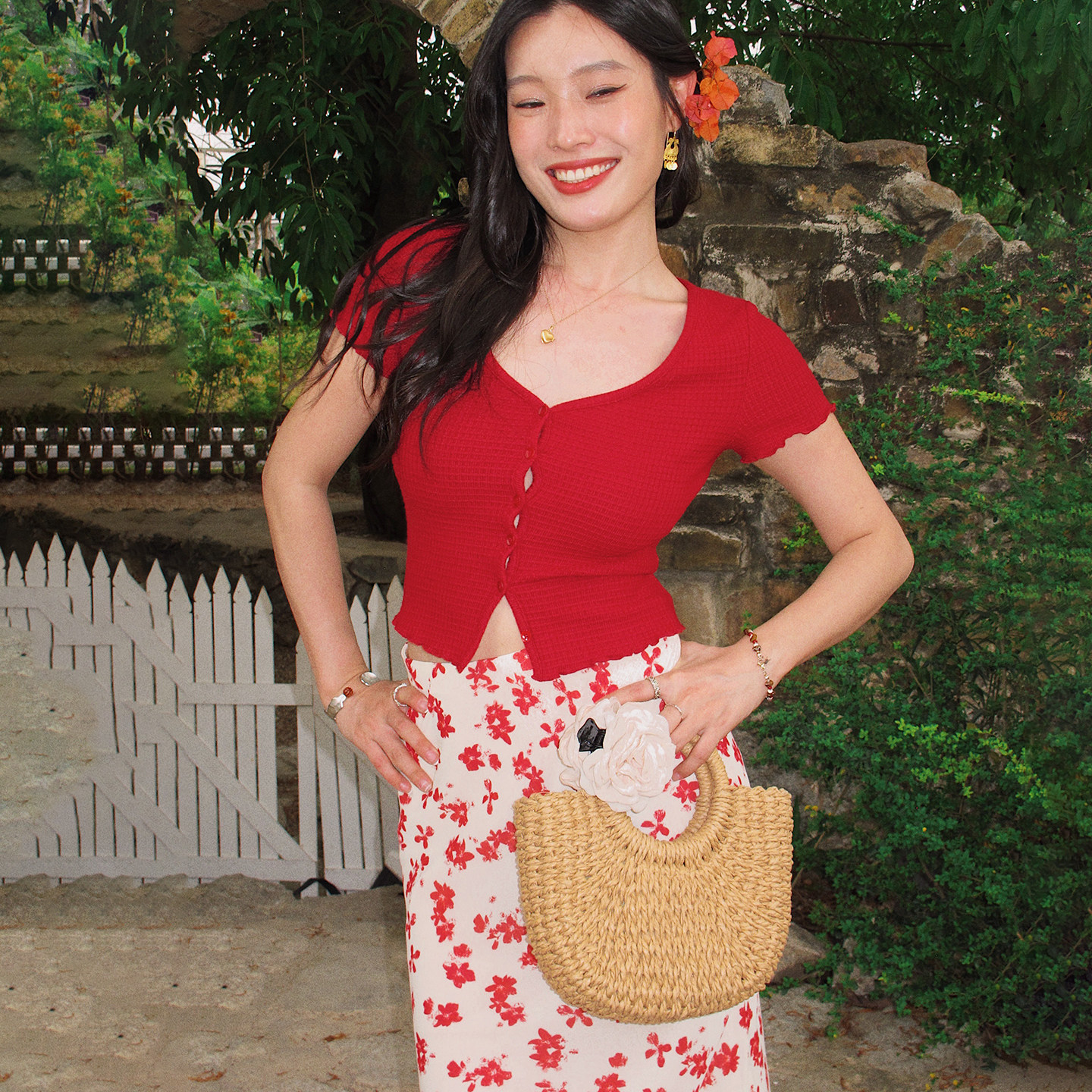 ooh itch痒痒 法式浪漫风红色短袖T恤女V领修身显瘦百搭开衫上衣
