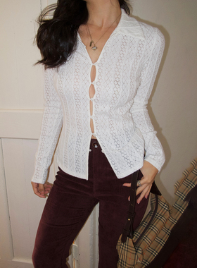 ooh itch痒痒 法式白色镂空针织衫女长袖修身显瘦镂空设计感上衣