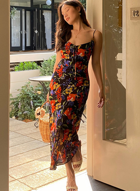 ooh itch痒痒 法式复古印花吊带连衣裙女纯欲性感修身开叉长裙