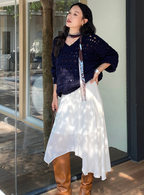 ooh itch痒痒 丝光羊毛慵懒风镂空V领毛衣女深蓝色宽松针织衫上衣