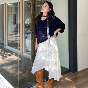 上衣 丝光羊毛慵懒风镂空V领毛衣女深蓝色宽松针织衫 ooh itch痒痒