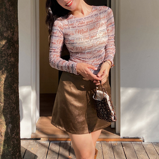 t恤女修身 ooh 字母印花长袖 法式 弹力显瘦打底百搭上衣 itch痒痒