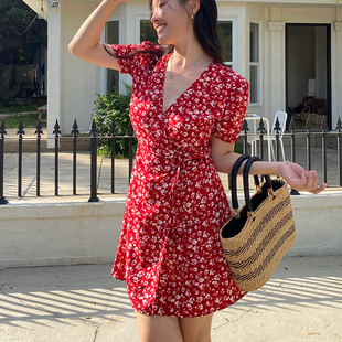 复古碎花V领系带收腰显瘦一片式 红色法式 绑带连衣裙 itch痒痒 ooh