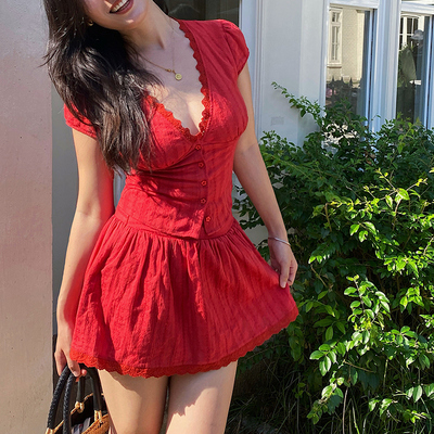 复古橘红色两件套法式蕾丝拼接