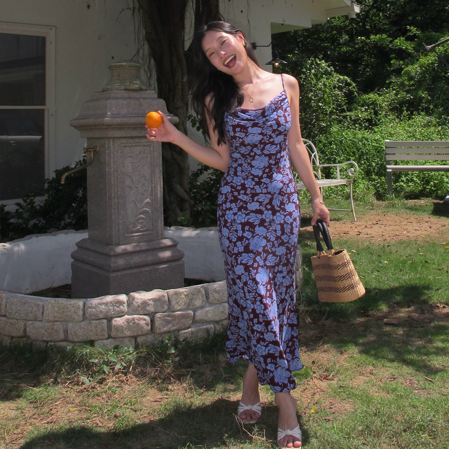 法式复古印花吊带连衣裙