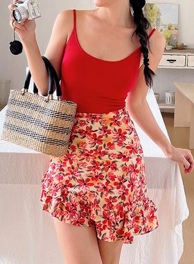 ooh itch痒痒 红色吊带背心女露背修身性感弹力无袖上衣带胸垫