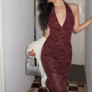 ooh 复古酒红V领挂脖连衣裙性感露背收腰显瘦长裙派对裙 itch痒痒