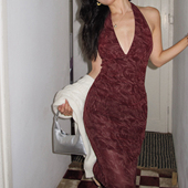 ooh itch痒痒 复古酒红V领挂脖连衣裙性感露背收腰显瘦长裙派对裙