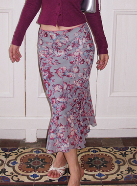 ooh itch痒痒 复古碎花半身裙松紧腰中长款荷叶边鱼尾裙花卉半裙