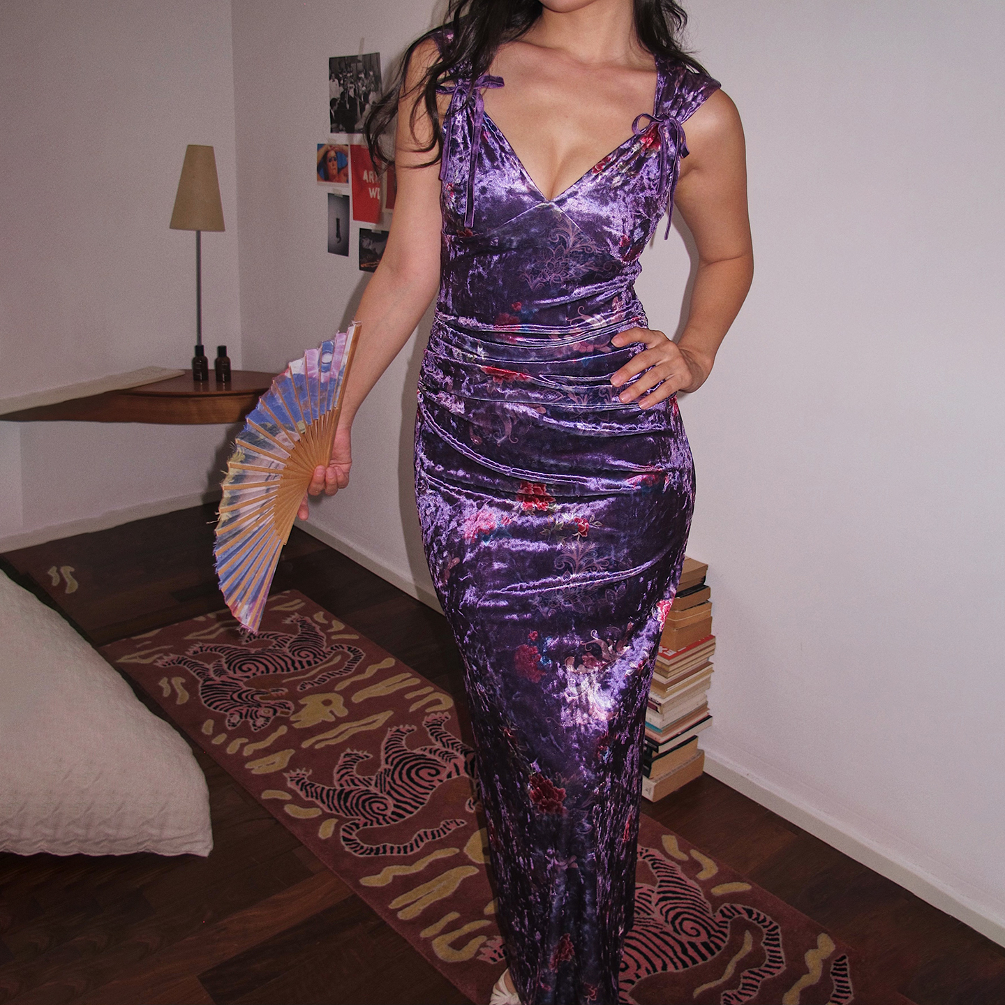 新中式性感紫色丝绒吊带连衣裙