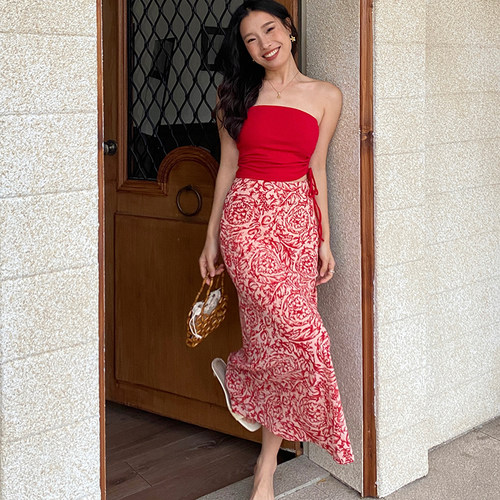 法式复古印花半身裙长裙