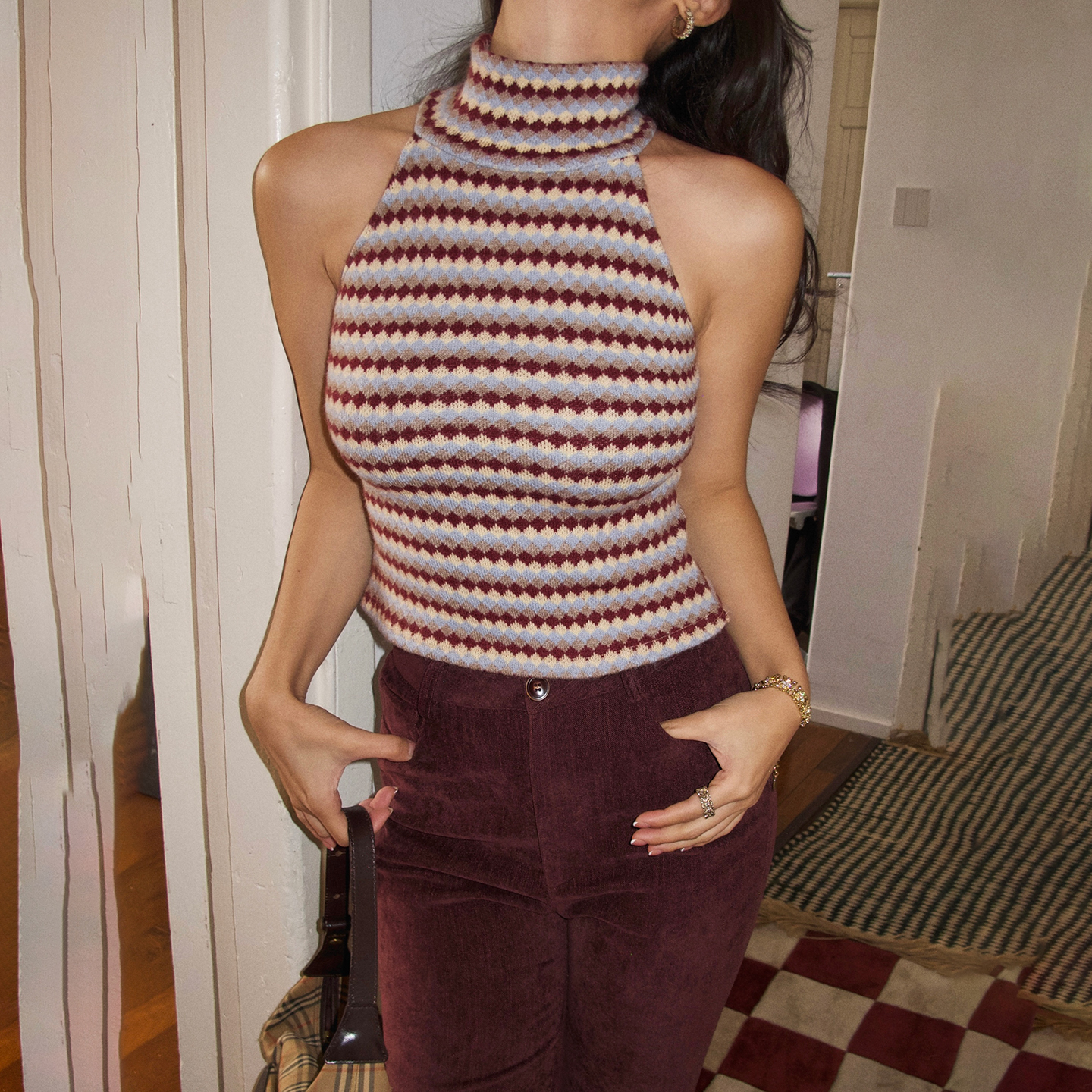 复古菱格纹挂脖背心女