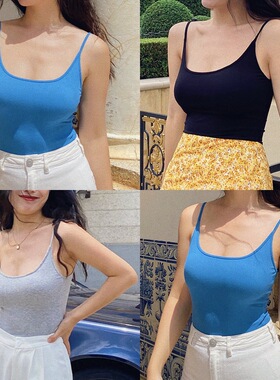 ooh itch痒痒 带胸垫吊带背心女辣妹蓝色针织露背可外穿内搭上衣