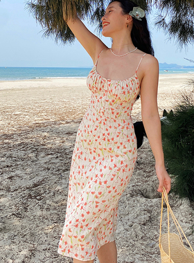 ooh itch痒痒 印花连衣裙修身显瘦碎花裙法式吊带背心