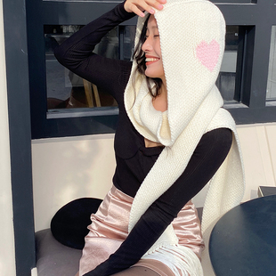 可爱保暖围脖毛线帽 有机全棉爱心连帽围巾流苏法式 ooh itch痒痒