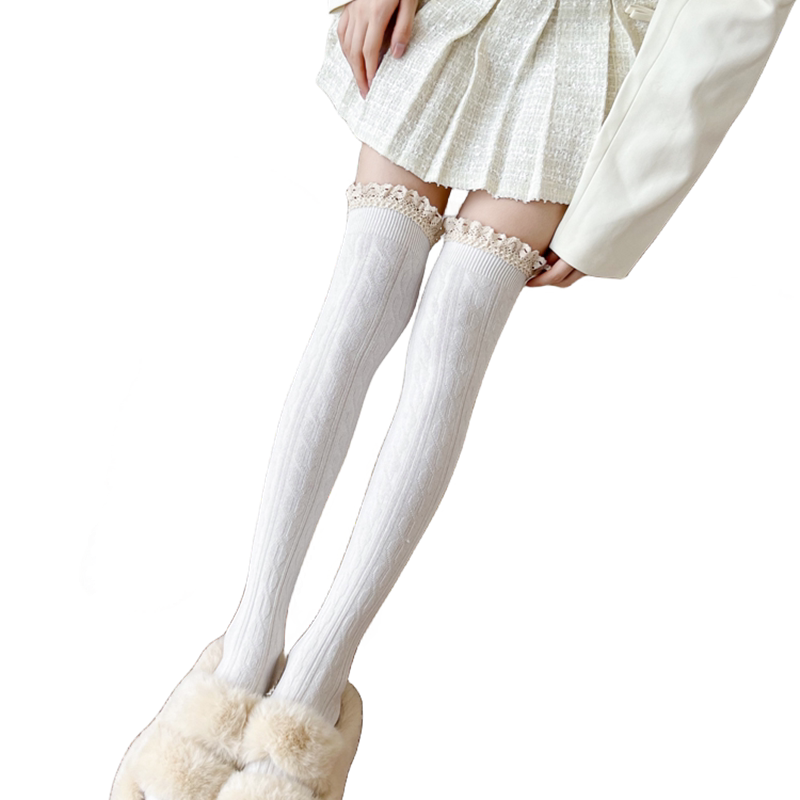 白色过膝袜JK学院风麻花防滑