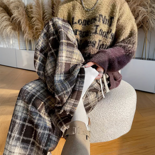 美拉德加绒格子裤女秋冬2026新款慵懒垂感小个子加厚毛呢阔腿裤子