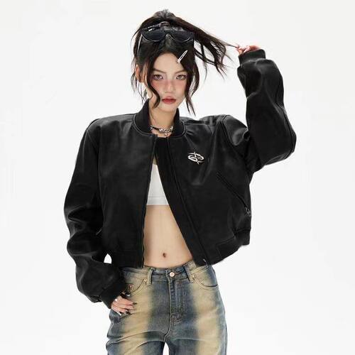 美式复古皮衣外套女春秋新款宽松休闲机车服夹克上衣