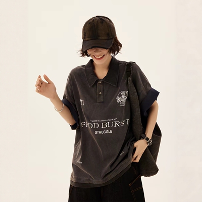 美式复古vintage水洗做旧翻领POLO衫短袖T恤男女宽松潮牌半袖体恤
