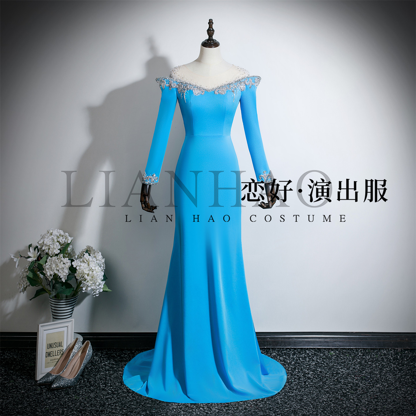 恋好演出服新款湖蓝色修身重工显瘦礼服主持人舞台演讲艺考长袖礼