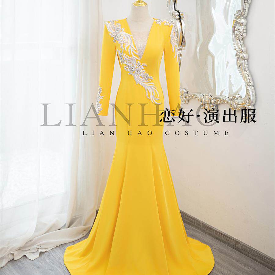 恋好演出服新款亮黄色深V显瘦主持人礼服舞台表演艺考独唱文艺汇