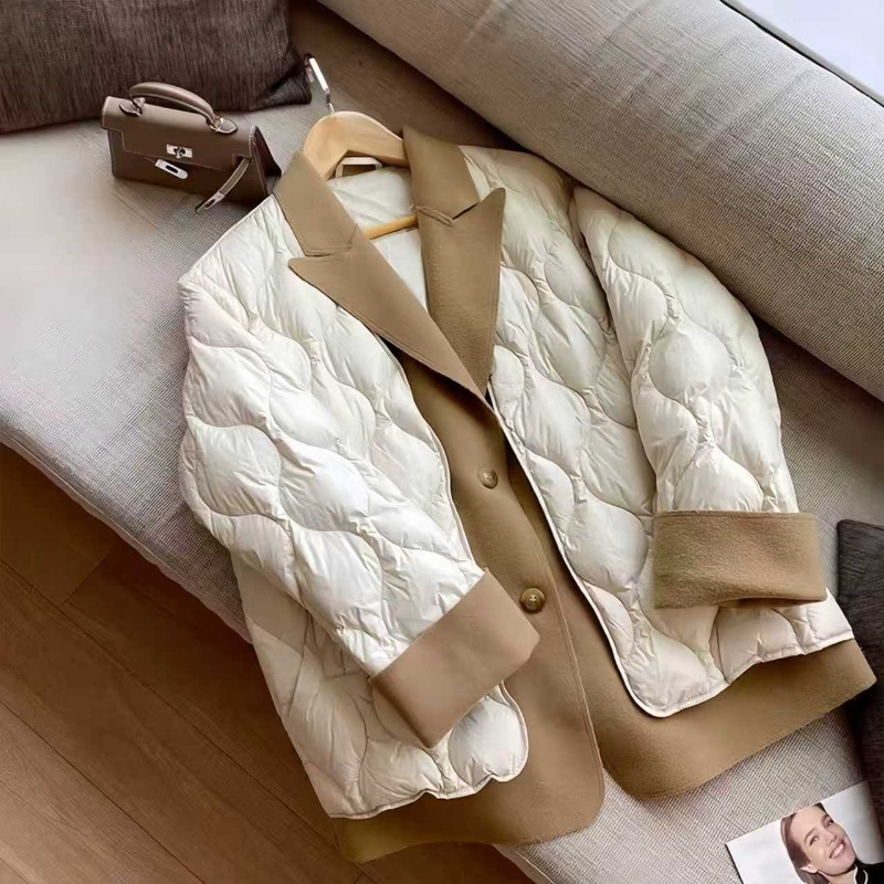 秋冬季2025新款韩版小众西装领羽绒服拼接菱格纹棉服外套女潮