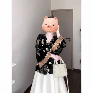 國風(fēng)外套女秋季 新中式 高級(jí)感重工老錢風(fēng)穿搭富家千金連衣裙兩件套