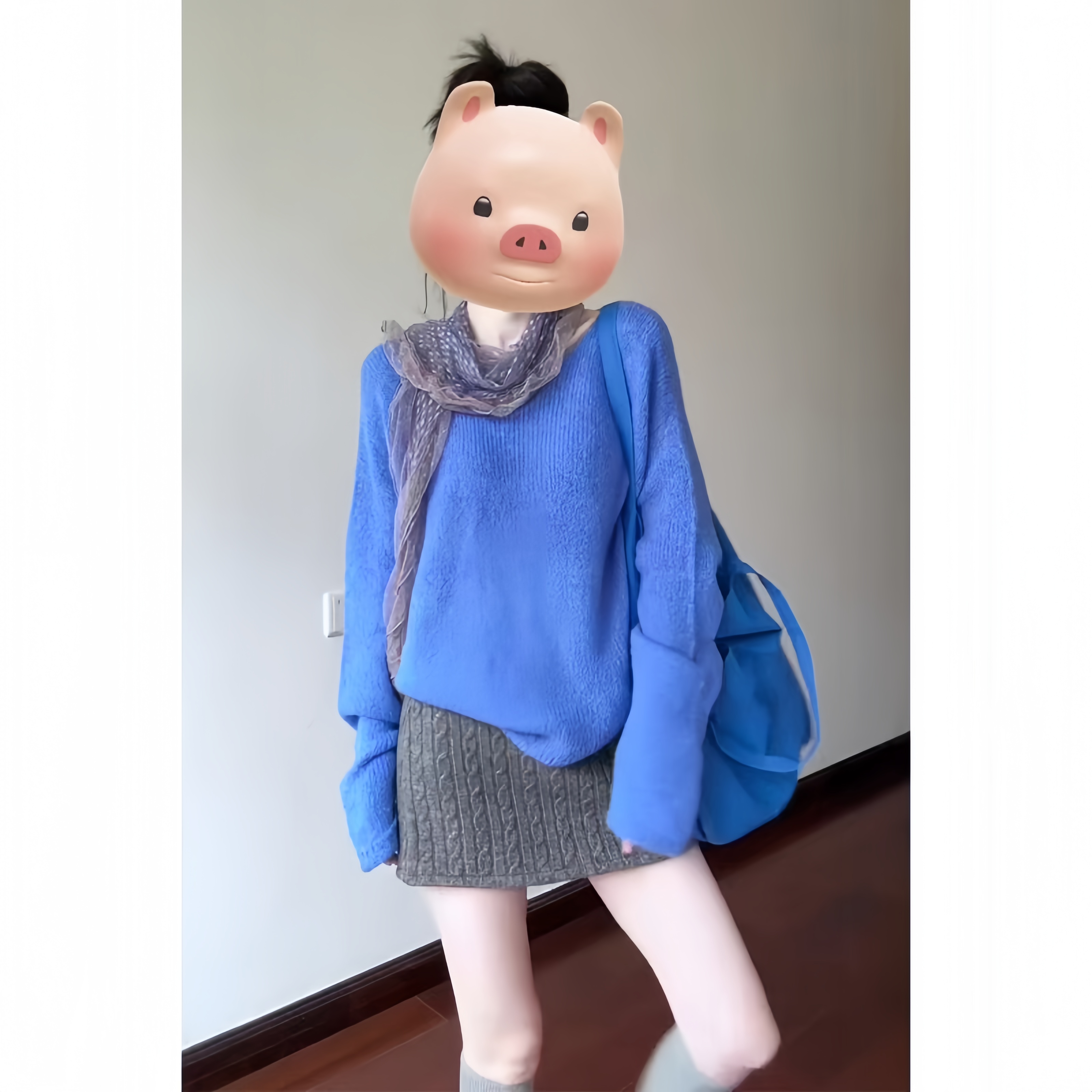 韩风chic一整套松弛感复古蓝色针织上衣a字短裙两件套装2025秋季