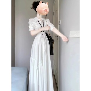 韩系氛围感穿搭白色polo长袖连衣裙女春季收腰气质鱼骨法式长裙子
