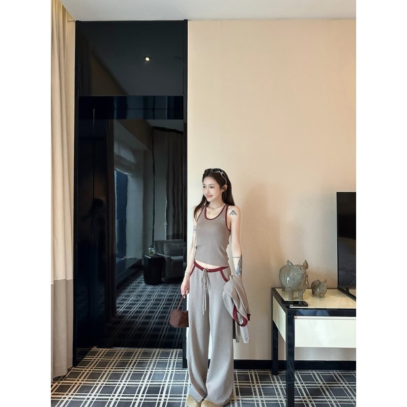 韩系纯欲风撞色针织背心开衫休闲裤睡衣女秋冬季慵懒可外穿三件套