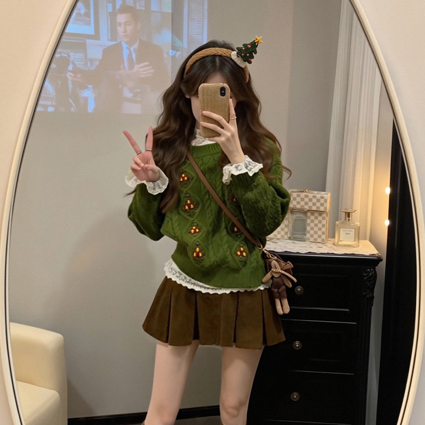 韩系麻花毛衣蕾丝内搭百褶短裙女