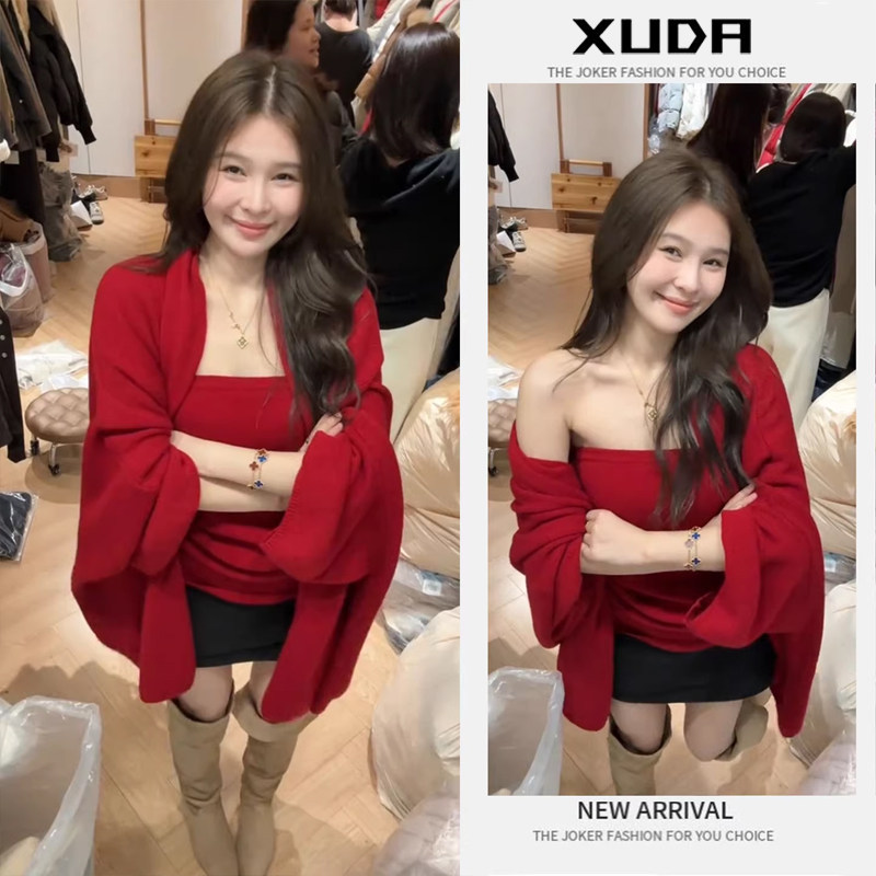 冬季时尚复古高级感减龄洋气红色吊带针织开衫显瘦短裙三件套装潮,女装/女士精品,时尚套装,淘宝优惠券,粉丝福利购,淘宝优惠卷