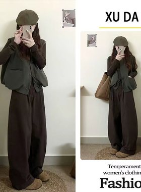 秋冬季小香风套装绿色马甲外套上衣裤子打底衫新款小个子套装女