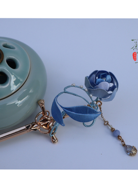 原创汉服缠花发簪冰蓝色玫瑰花缠花盘发剑簪旗袍新中式马面裙头饰