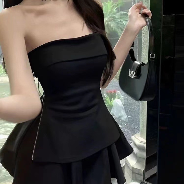 夏季辣妹纯欲两件套装女时尚性感拉链开叉抹胸上衣+高腰蓬蓬裙裤