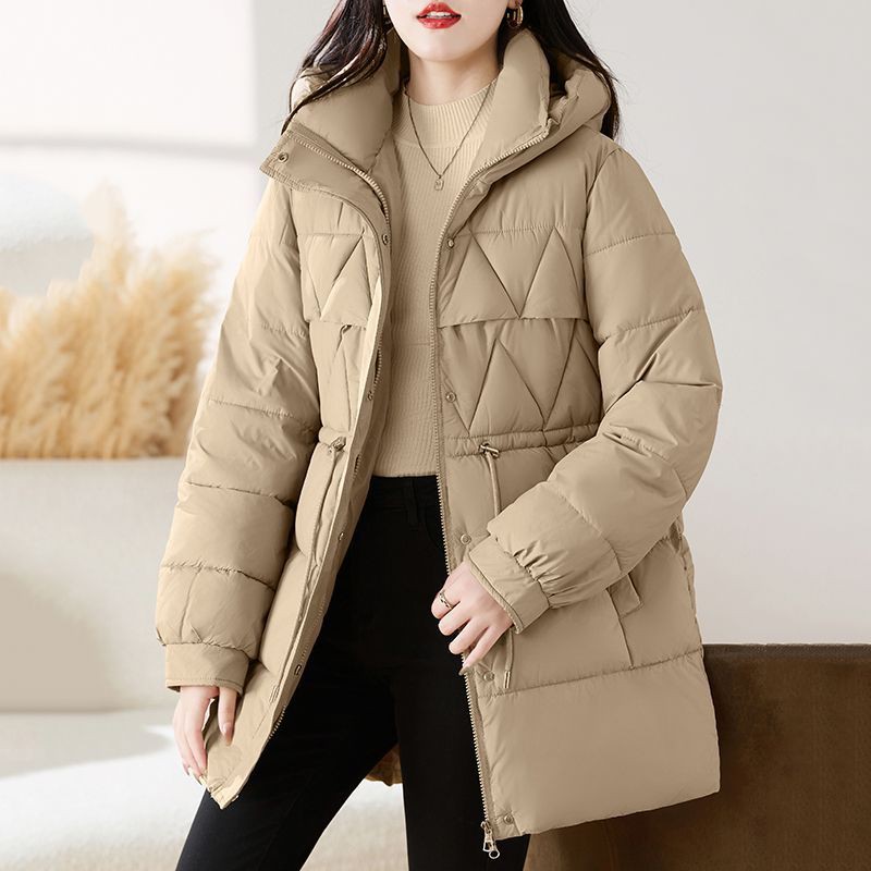 中长款连帽羽绒棉服女2024年女新款冬季韩版宽松纯色棉衣显瘦棉袄