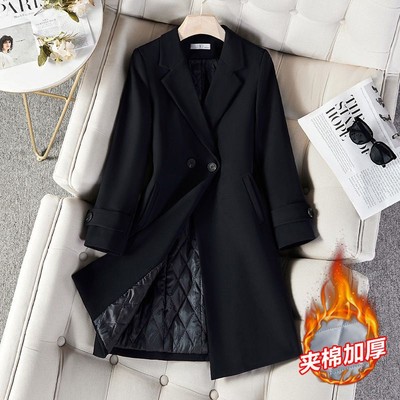 加棉加厚黑色中长款风衣外套女2023新款秋冬今年流行西装大衣高端