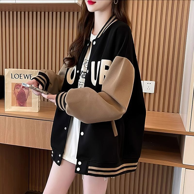 韩版新款刺绣开衫卫衣女薄款春秋冬季oversize百搭加绒棒球服外套