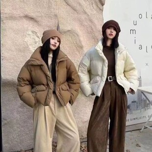 新款韩系羽绒服女短款小个子立领面包服加厚抗寒东北白鸭绒羽绒衣