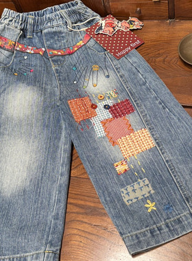 【Happy first】秋冬季复古大手拉小手小众手工贴布直筒牛仔裤