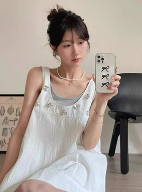 孕妇套装连衣裙夏季新款韩版白灰色叠穿无袖花朵背心裙短裙两件套