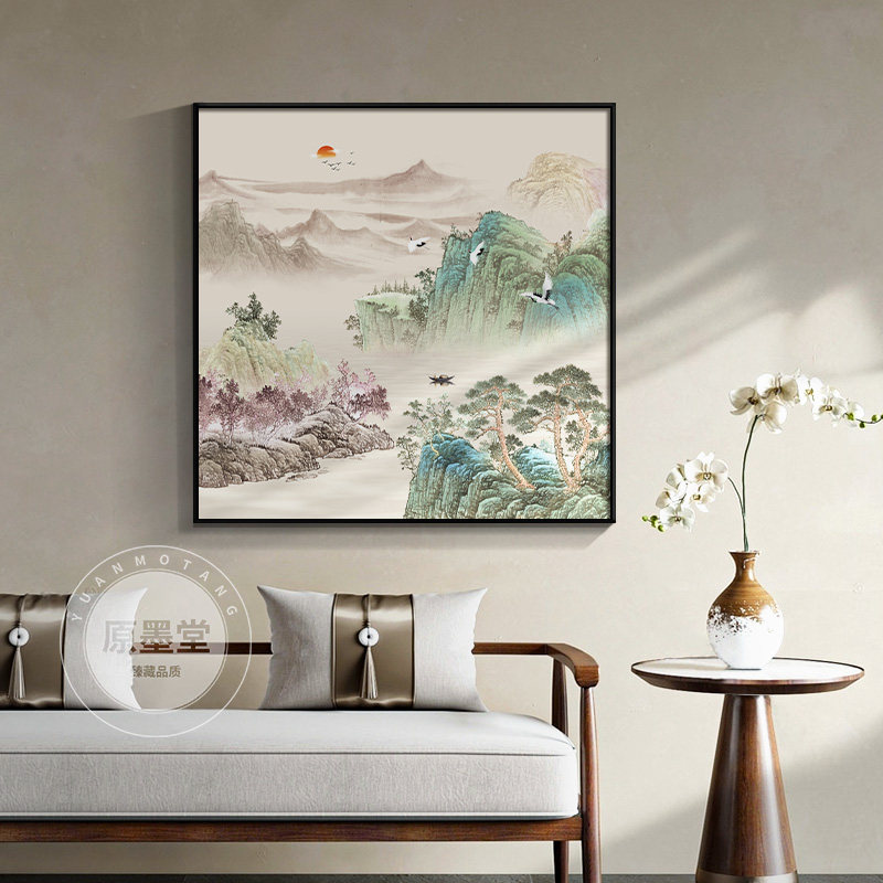 山水画玄关装饰画新中式客厅背景墙挂画正方形国风水墨画风景壁画