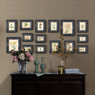 美式客厅免打孔照片墙实木相框组合复古餐厅玄关现代画框装饰画