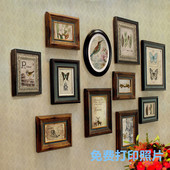 实木复古轻奢美式 饰画 饰客厅免打孔组合装 做旧欧式 相框墙照片墙装