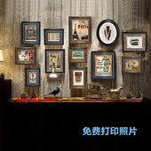 美式 做旧实木复古照片墙轻奢免打孔组合相框墙客厅餐厅复古装 饰画