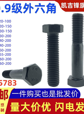 10.9级外六角螺栓高强度发黑色全牙GB5783全扣方头螺丝钉M10-M36