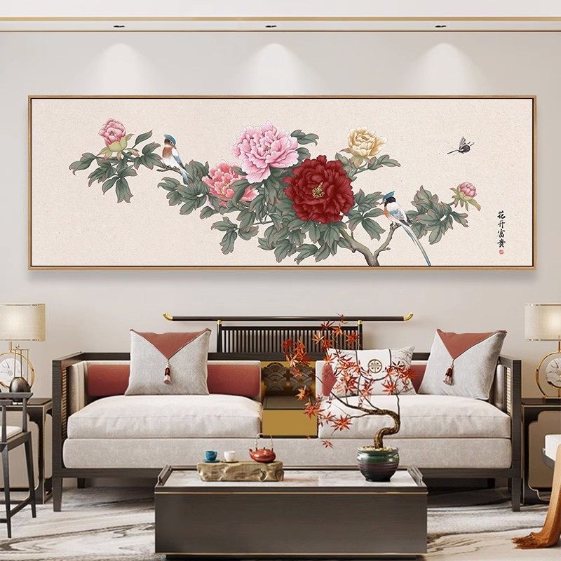 花开富贵新中式客厅画装饰画国画牡丹工笔画卧室挂画沙发背景墙面_虎窝淘