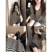 复古条纹长袖 防晒T恤女春夏薄款 宽松中长款 孕妇装 慵懒风罩衫 上衣